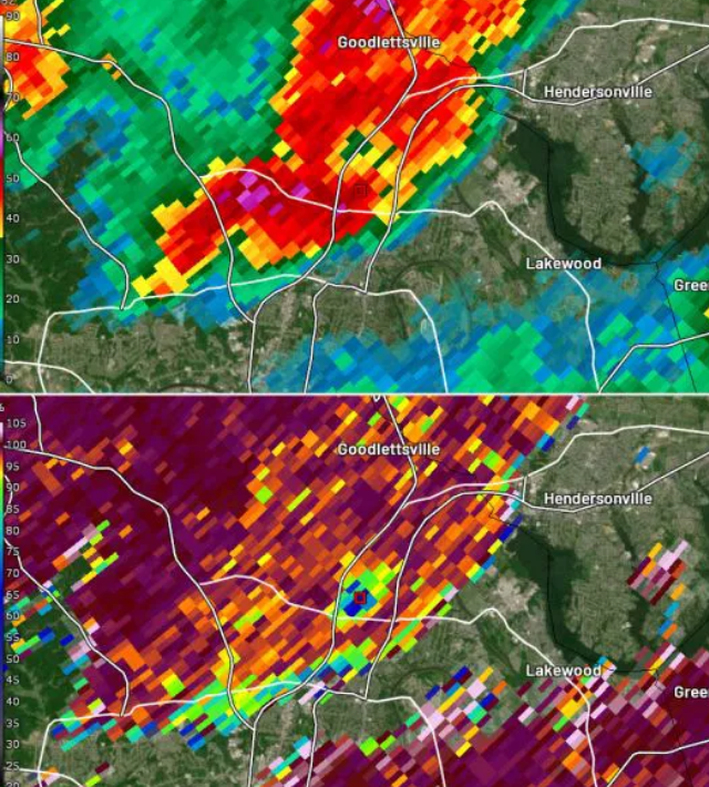 Radar image showing tornado debris in Hendersonville, TN